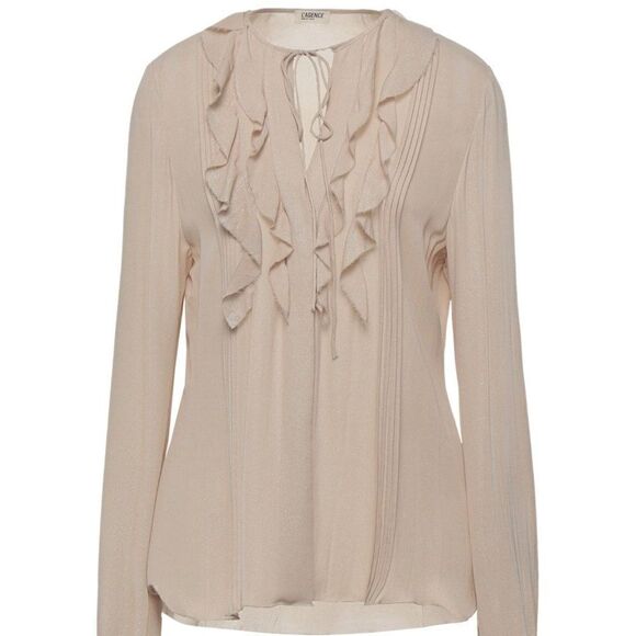 L'AGENCE 100% Silk Beige Ruffle Front Blouse Size 4 Shimmer Long Sleeve Pleats - Picture 11 of 11